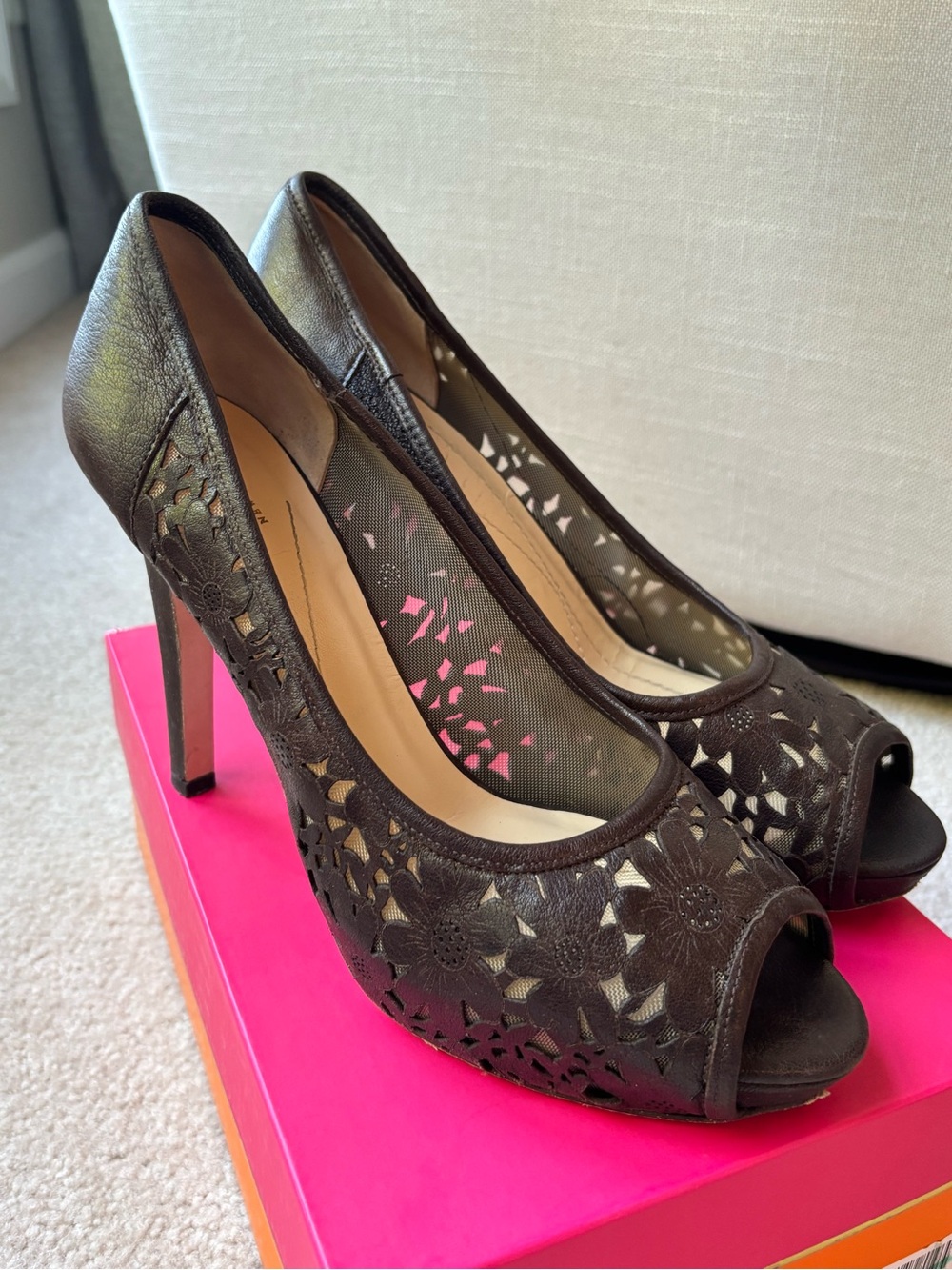 Kate Spade Women's Dark Brown Peep-Toe Laser-Cut High Heels